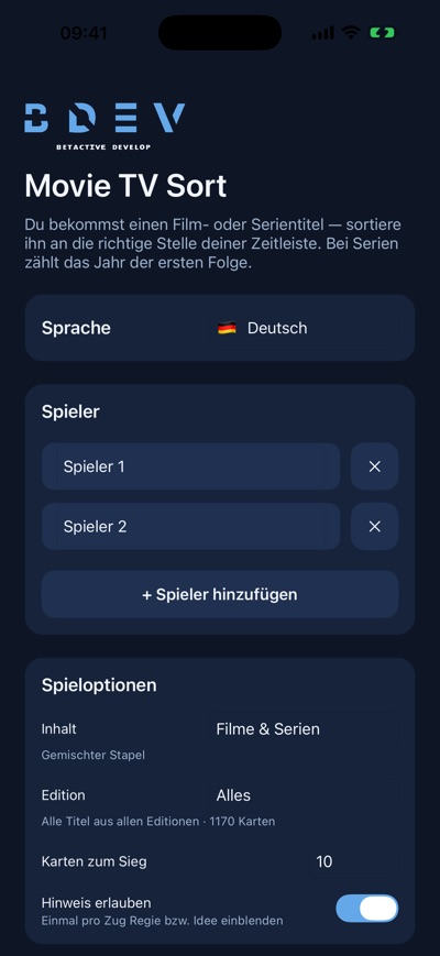 Movie TV Sort, Einrichtung einer Partie