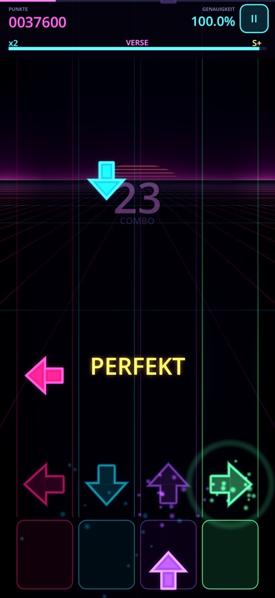 NEON BEAT, laufender Track mit fallenden Pfeilen